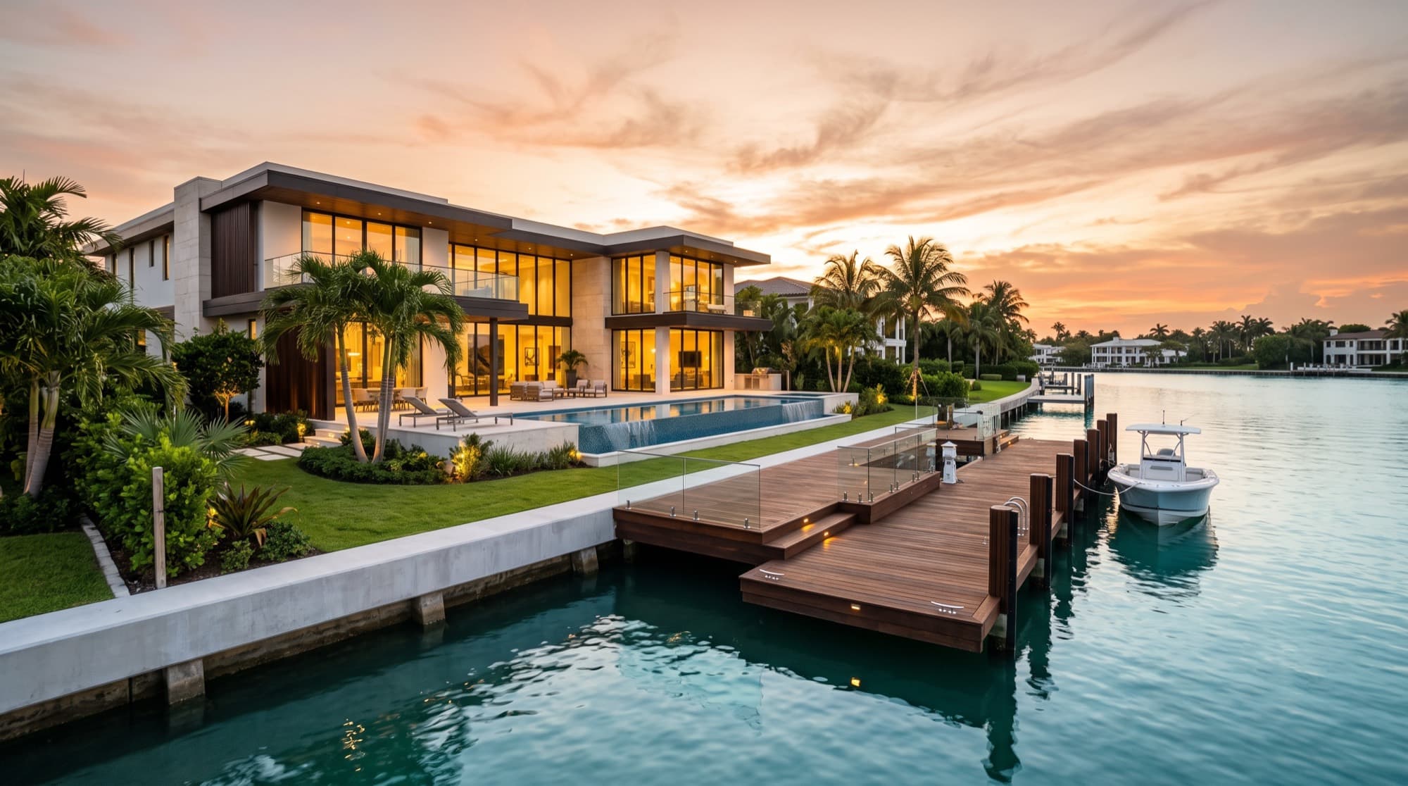 South Florida waterfront home at golden hour